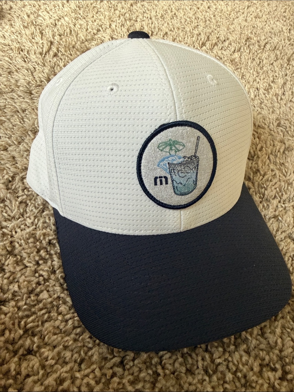 White and Navy Men's Travis Mathew SnapBack Hat with Cocktail Patch